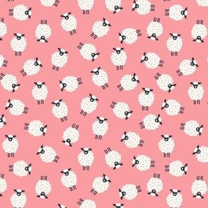 Whimsical Farmhouse Tossed White Sheep with spots on a Baby Pink background - Medium - 6x6