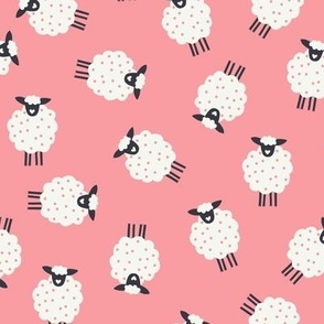 Whimsical Farmhouse Tossed White Sheep with spots on a Baby Pink background - Large - 12x12