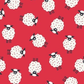 Whimsical Farmhouse Tossed White Sheep with spots on a Cherry Red background - Large  - 12x12