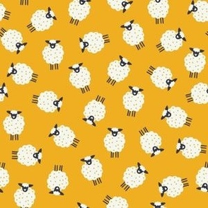 Whimsical Farmhouse Tossed White Sheep with spots on a Golden Yellow background - Medium - 6x6