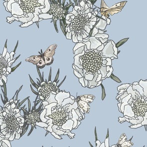 white flowers and moths - blue pattern
