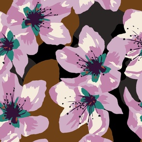 Modern, oversized violets with teal centers on a two toned brown and black ground.