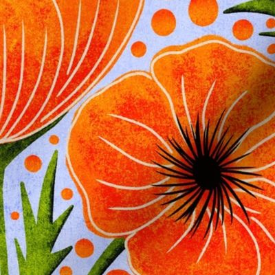 Orange California Poppies on Denim Blue, Medium Scale