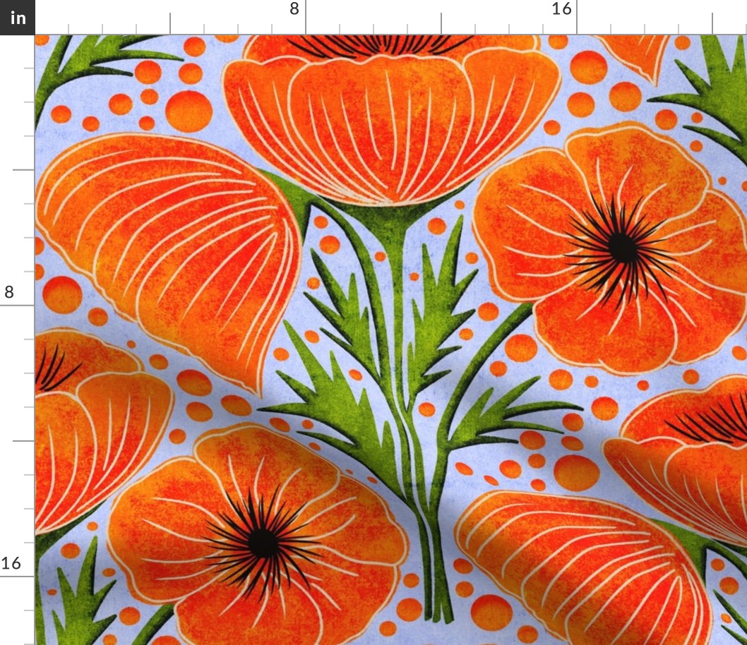 Orange California Poppies on Denim Blue, Medium Scale