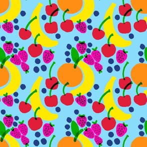 Fruit Bowl Mini Blue Mixed Banana, Strawberry, Blueberry And Cherry With Orange On Sky Baby Blue Bright Colorful Retro Modern Scandi Tropical Kitchen Fruit Foodie Wallpaper Style Design