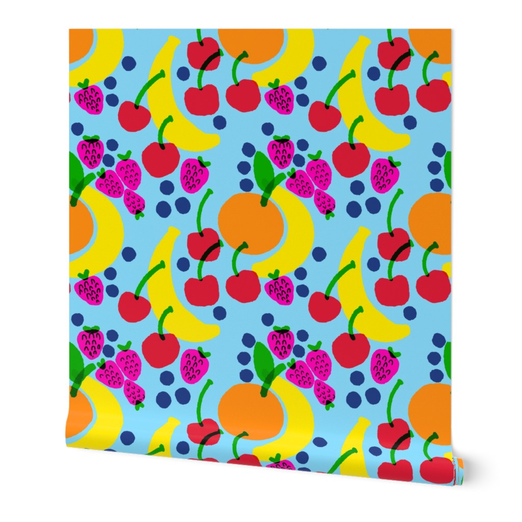 Fruit Bowl Blue Mixed Banana, Strawberry, Blueberry And Cherry With Orange On Sky Baby Blue Bright Colorful Retro Modern Scandi Tropical Kitchen Fruit Foodie Wallpaper Style Design