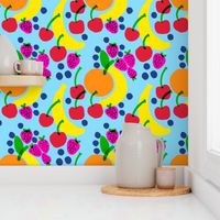 Fruit Bowl Blue Mixed Banana, Strawberry, Blueberry And Cherry With Orange On Sky Baby Blue Bright Colorful Retro Modern Scandi Tropical Kitchen Fruit Foodie Wallpaper Style Design