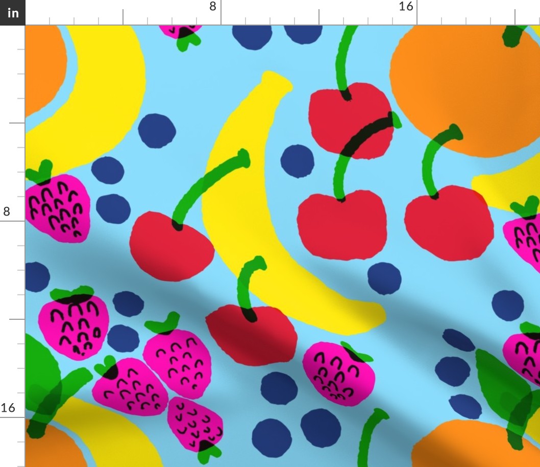 Fruit Bowl Blue Mixed Banana, Strawberry, Blueberry And Cherry With Orange On Sky Baby Blue Bright Colorful Retro Modern Scandi Tropical Kitchen Fruit Foodie Wallpaper Style Design