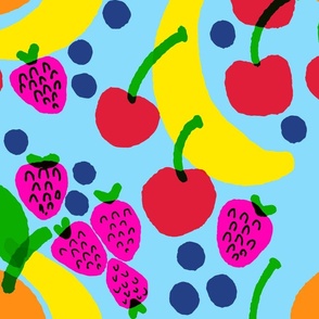 Fruit Bowl Big Blue Mixed Banana, Strawberry, Blueberry And Cherry With Orange On Sky Baby Blue Bright Colorful Retro Modern Scandi Tropical Kitchen Fruit Foodie Wallpaper Style Design