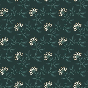 Serpentine Floral, 6in, darkgreen, forstgreen, beige, ivory, Kitchen Textiles, Shabby Chic, Romantic, Vintage Decor, Classic Style, historical, trailing floral