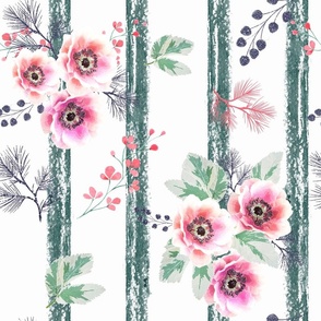 Pink watercolor flowers on a white background with green stripes.