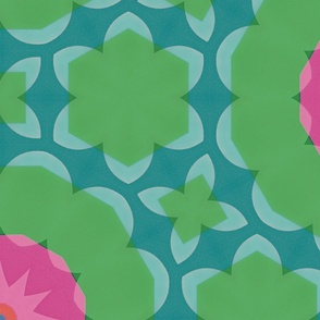 Teal background with tones of green and pink abstract geometric  flowers 