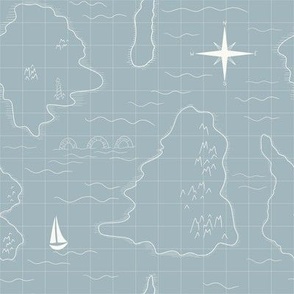 Vintage Inspired Nautical Map in Dusty Blue and Ivory.