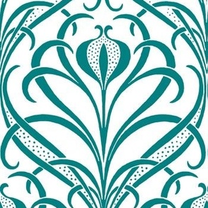 *Metallic* Art Nouveau Seagrass Floral in Teal on Gold or Silver - Large Scale - Coordinate - Optimized for Metallic Wallpaper