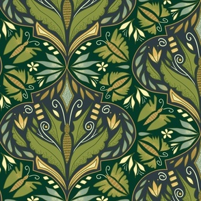 (L) Forest Woodland Butterfly Damask Earthy, Magical Leafy Butterflies on Dark Green and Brown