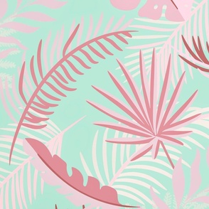 Pink Mint Teal  Monstera And Palm Leaf Art  Large Scale