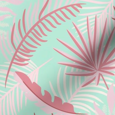 Pink Mint Teal  Monstera And Palm Leaf Art Medium Scale