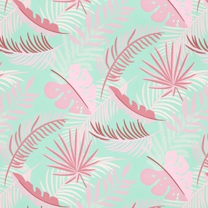 Pink Mint Teal  Monstera And Palm Leaf Art Medium Scale