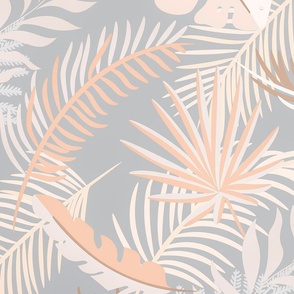 Peach Grey Monstera And Palm Leaf Art  Large Scale