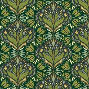 (M) Forest Woodland Butterfly Damask Earthy, Magical Leafy Butterflies on Dark Green and Brown