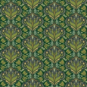 (S) Forest Woodland Butterfly Damask Earthy, Magical Leafy Butterflies on Dark Green and Brown