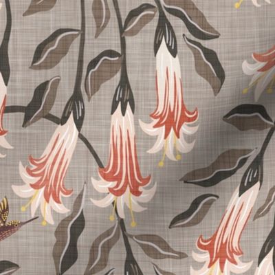 Red Angel's trumpets and hummingbirds - warm neutral - large scale