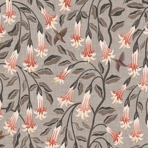 Red Angel's trumpets and hummingbirds - warm neutral - large scale