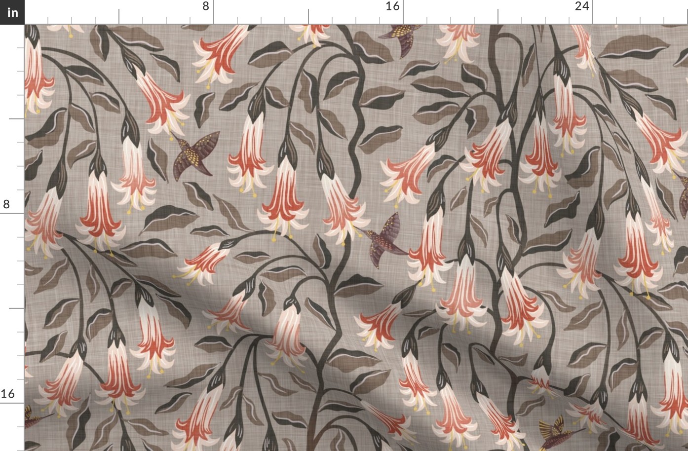 Red Angel's trumpets and hummingbirds - warm neutral - large scale