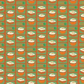 Carrot Cake, Cupcakes and Carrots on Green Rectangles on Orange for a Pattern Design
