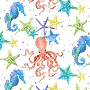6" Cute Sand and Sea Watercolor Seahorse n Octopus by Audrey Jeanne