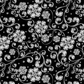 *Metallic* Gold or Silver Rococo Floral on Black - Optimized for Metallic Wallpaper