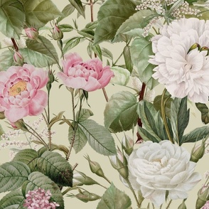 18" Romantic antique flowers, green botanical, floral, vintage Summer Romanticism, Antique Botany Wallpaper 