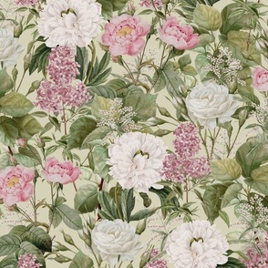 10" Romantic antique flowers, green botanical, floral, vintage Summer Romanticism, Antique Botany Wallpaper