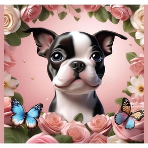 Boston Terrier Puppy with Butterfly, pink roses and white roses