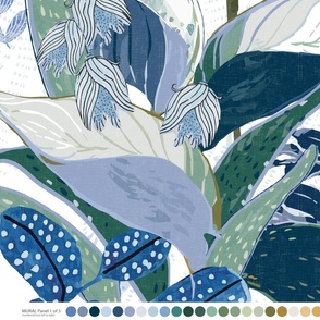 Giant Flora Mural (1 of 5 Panels) in Navy, Cornflower Blue and Botanical Green