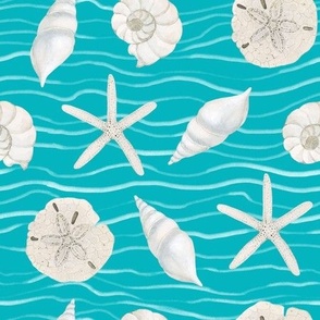 Hand Drawn Watercolor White Sea Shells and Starfish on Sea Blue, L