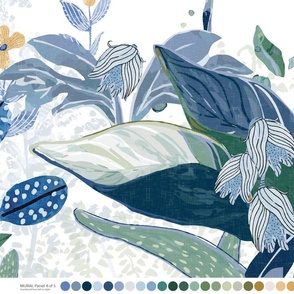 Giant Flora Mural (4 of 5 Panels) in Navy, Cornflower Blue and Botanical Green