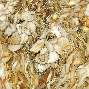 Stained Glass Watercolor Art Deco Nouveau Golden Regal Lions / Fabric / Wallpaper / Home Decor / Upholstery / Clothing