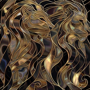 Stained Glass Watercolor Art Deco Nouveau Lions in Gold and Black / Fabric / Wallpaper / Home Decor / Upholstery / Clothing