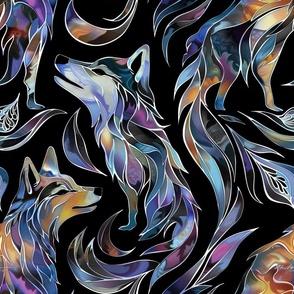 Stained Glass Watercolor Elegant Swirling Wolves / Fabric / Wallpaper / Home Decor / Upholstery / Clothing