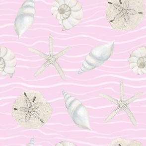 Hand Drawn Watercolor White Sea Shells and Starfish on Pink, L