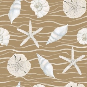 Hand Drawn Watercolor White Sea Shells and Starfish on Beige Taupe, L