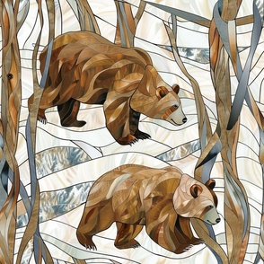 Stained Glass Watercolor Rustic Bears in the Wintry Woods / Fabric / Wallpaper / Home Decor / Upholstery / Clothing