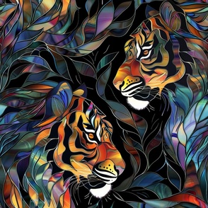 Stained Glass Watercolor Tigers in Jungle Dreams / Fabric / Wallpaper / Home Decor / Upholstery / Clothing