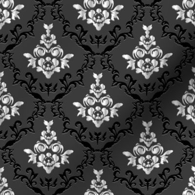 *Metallic* Dramatic Victorian Damask in Shimmering Gold of Silver on Black and Charcoal - Optimized for Metallic Wallpaper