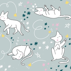 White cats with doodles; flowers, stars, and yellow butterflies on blue background
