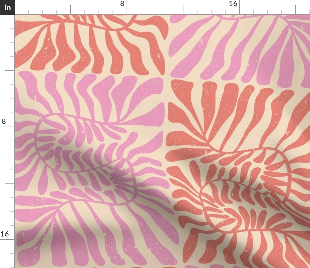 BLOCK PRINT ABSTRACT PALM LEAF : PINK: ORANGE : CREAM