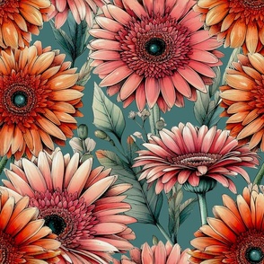 Gerbera Daisies On Blue-Green Large Print