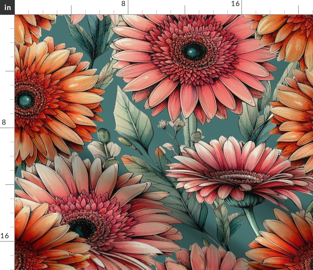 Gerbera Daisies On Blue-Green Large Print