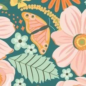 Floral Garden (green) LARGE / Fall / Vintage / Retro / Butterfly / Cottagecore

